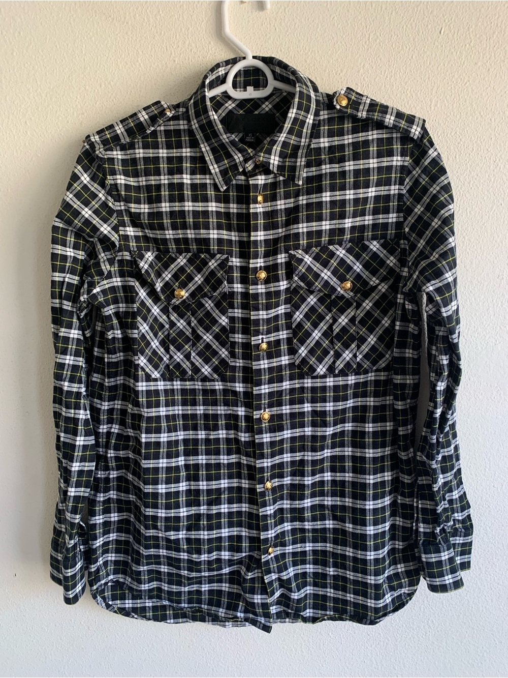 Nili Lotan Black Green Plaid Jeanette Gold Button Long Sleeve top Shirt XS
